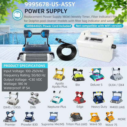 9995678 Fuente de alimentación con cable de repuesto para Dolphin Nautilus CC Plus, Premier, Apollo, Bio, Deluxe 5, DLX4, DX4, DX4S, DX5S, DX6, Edge, HD, M400, Neptune Plus, Prowler 830, Supreme M4 M5, Triton Plus, Wave 50 75 - 9995678-US-6
