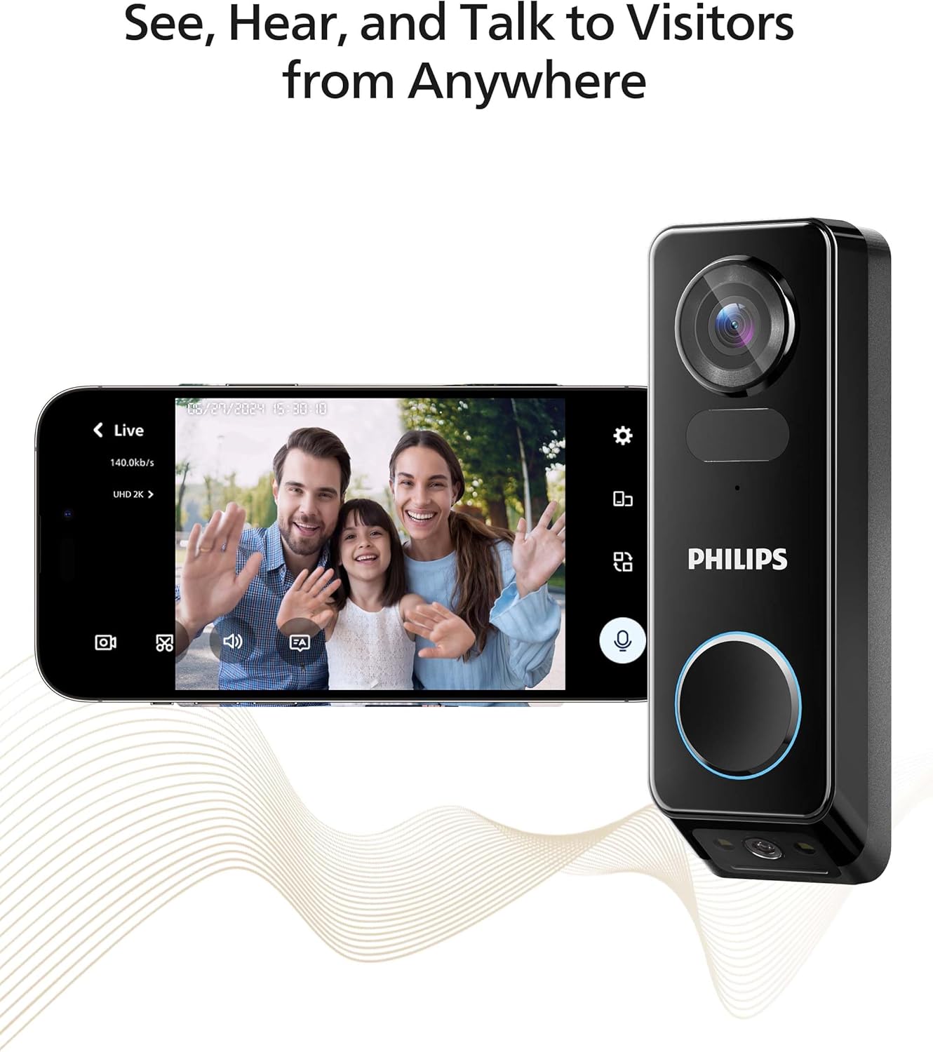 Cámara de timbre de video de seguridad Philips (timbre incluido), sin cuota mensual, cámaras duales 2K FHD con detección de movimiento, audio de 2 vías, compatible con Alexa y Google Assistant # DDA270X-2TXS