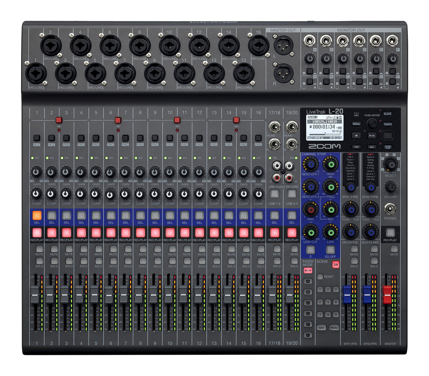 Zoom LiveTrak L-20 Mezclador/Grabadora para Músicos y Podcasters | 20-channel digital mixer with 22-track recording and USB audio interface for mixing, monitoring and multitrack recording