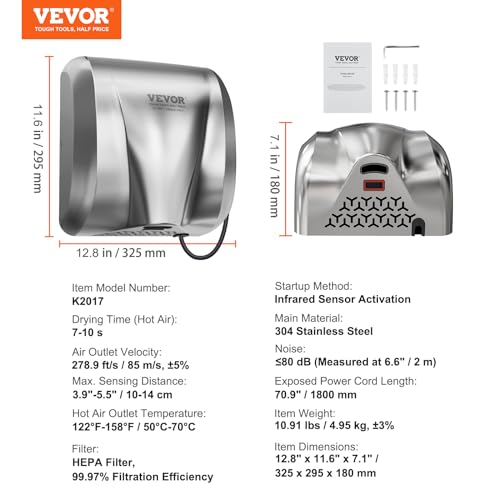 VEVOR Secador de manos comercial resistente, soplador de mano de viento cálido de acero inoxidable de alta velocidad automático de 1300 W, enchufe de 120 V/cableado, dos opciones de alimentación,