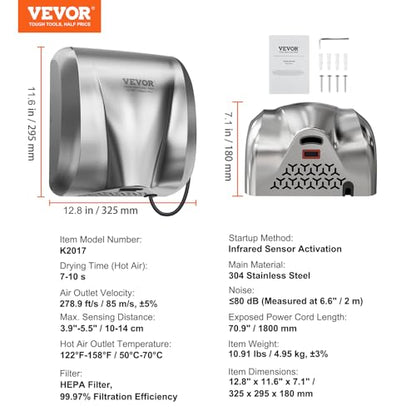 VEVOR Secador de manos comercial resistente, soplador de mano de viento cálido de acero inoxidable de alta velocidad automático de 1300 W, enchufe de 120 V/cableado, dos opciones de alimentación,