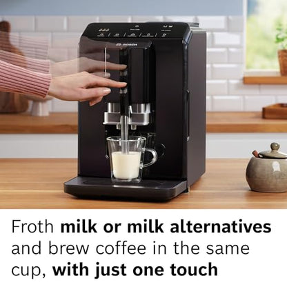 Bosch TIU20109 Serie 300 Máquina espresso totalmente automática con Milk Express (espumador en taza), bebidas a base de leche OneTouch y 5 opciones de bebidas, negro