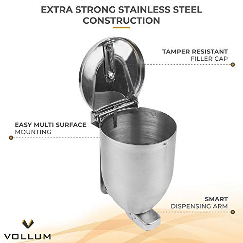 Vollum Dispensador de jabón en polvo, dispensador de jabón de baño de acero inoxidable de 32 onzas con tapa de relleno grande, dispensador de jabón de cocina con bomba fuerte para montaje en pared