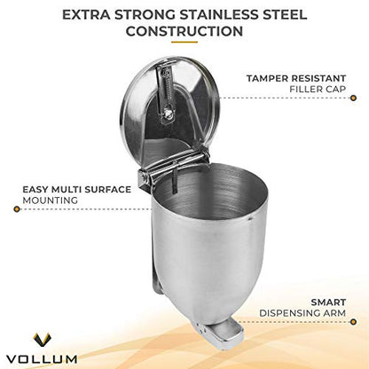 Vollum Dispensador de jabón en polvo, dispensador de jabón de baño de acero inoxidable de 32 onzas con tapa de relleno grande, dispensador de jabón de cocina con bomba fuerte para montaje en pared