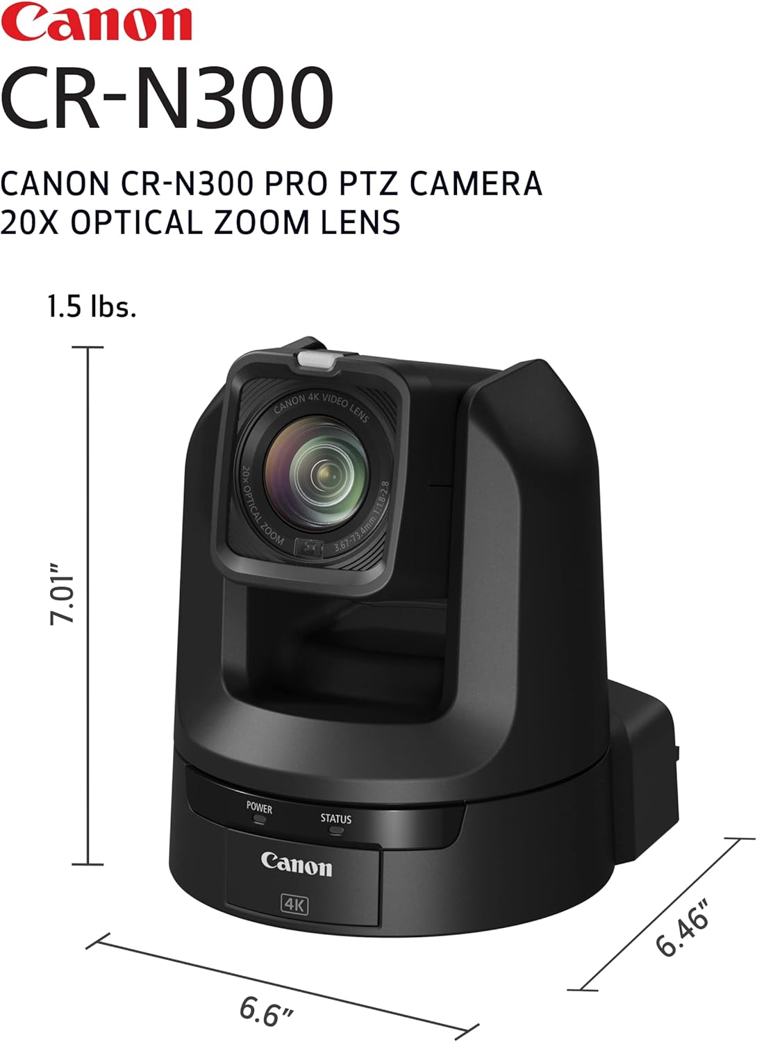 Canon CR-N300 Pro PTZ Cámara BK 20x Lente de zoom óptico, 1 2/3 "4k 30P Sensor AF híbrido, 3G-SDI, HDMI, IP, salida de video USB, NDI | HX2, SRT-Church, Eventos en vivo, Conferencia de transmisión,