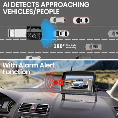 Cámara de respaldo para RV, 7 pulgadas, cámaras de respaldo de vehículo 1080P con detección de IA, cámara de respaldo inalámbrica impermeable con grabación DVR y visión nocturna para