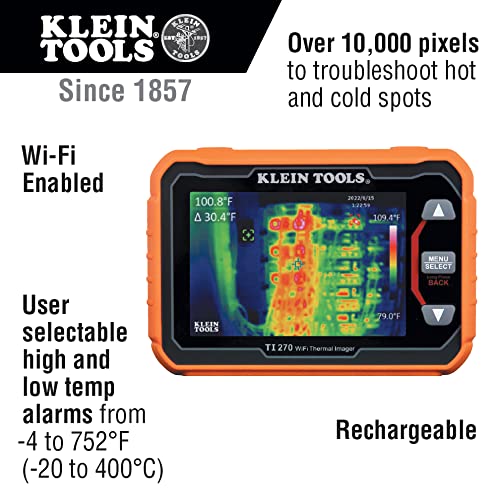 Klein Tools Cámara termográfica recargable TI270, más de 10000 píxeles, transferencia de datos Wi-Fi, 3 paletas, puntos de temperatura alta/baja