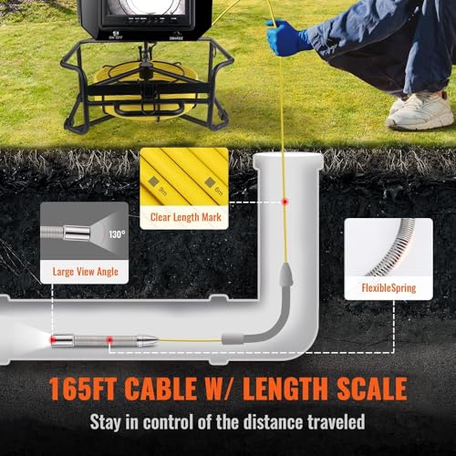 9 ""Monitor 100 pies/98.4 ft cámara de video de inspección de tuberías, IP68 impermeable 1080P drenaje alcantarillado sistema endoscopio industrial con cámara de marca de distancia DVR