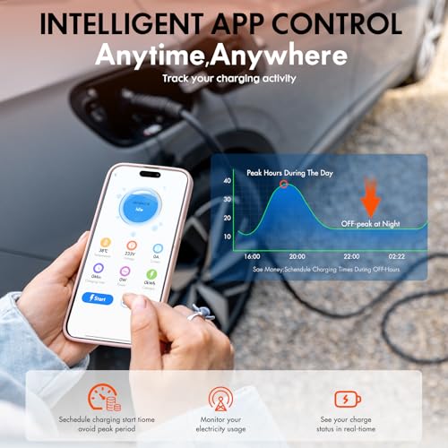 Cargador EV de nivel 2 de 48 amperios, 240 V, 11.5 KW y 25 pies con enchufe NEMA 14-50 y aplicación inteligente SAE J1772, carga programada, cable flexible de 25 pies