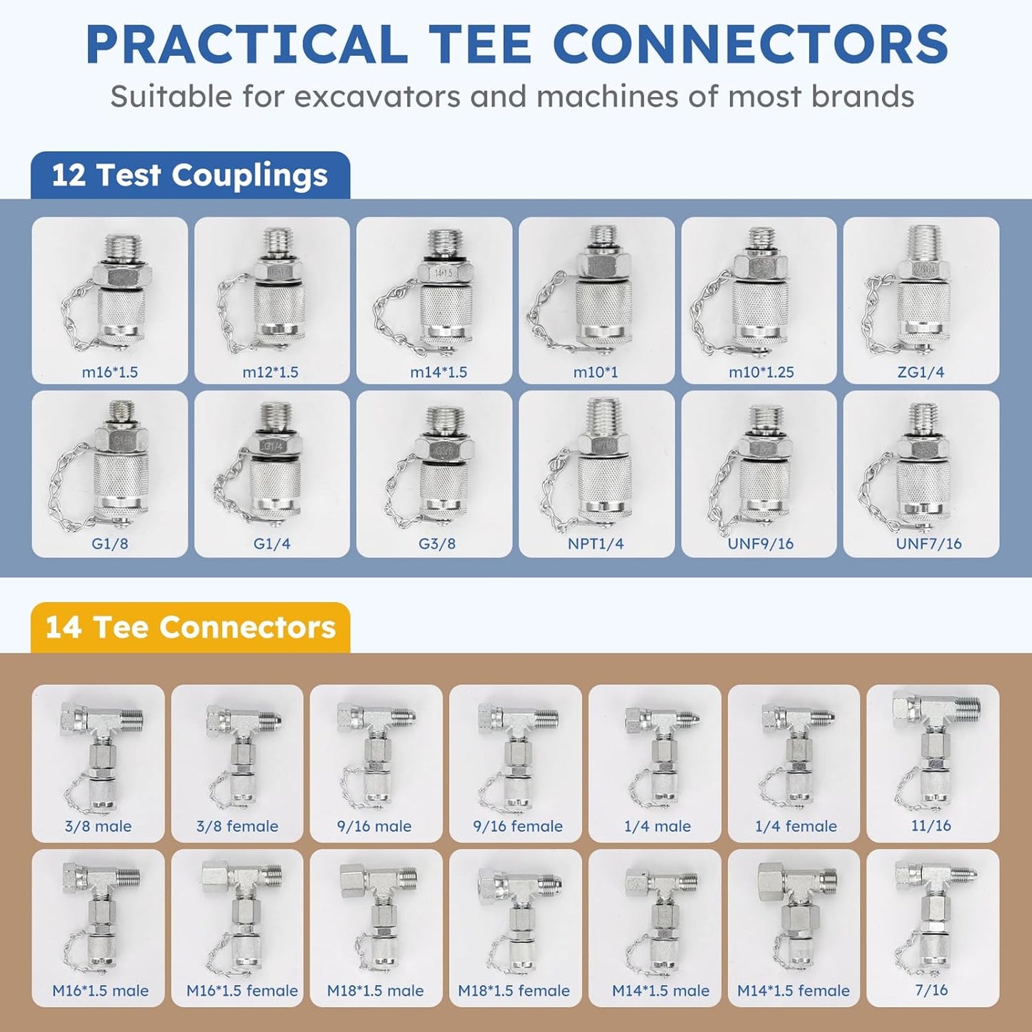 Kit de prueba de presión hidráulica, 5 indicadores (10/100/250/400/600bar) 60mpa 13 acoplamientos de prueba, 14 conectores en T, 5 mangueras de prueba con estuche de transporte portátil