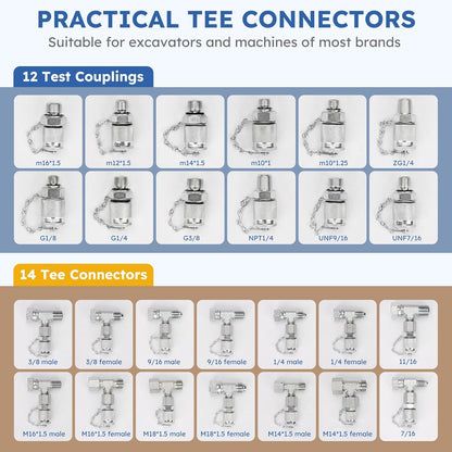 Kit de prueba de presión hidráulica, 5 indicadores (10/100/250/400/600bar) 60mpa 13 acoplamientos de prueba, 14 conectores en T, 5 mangueras de prueba con estuche de transporte portátil