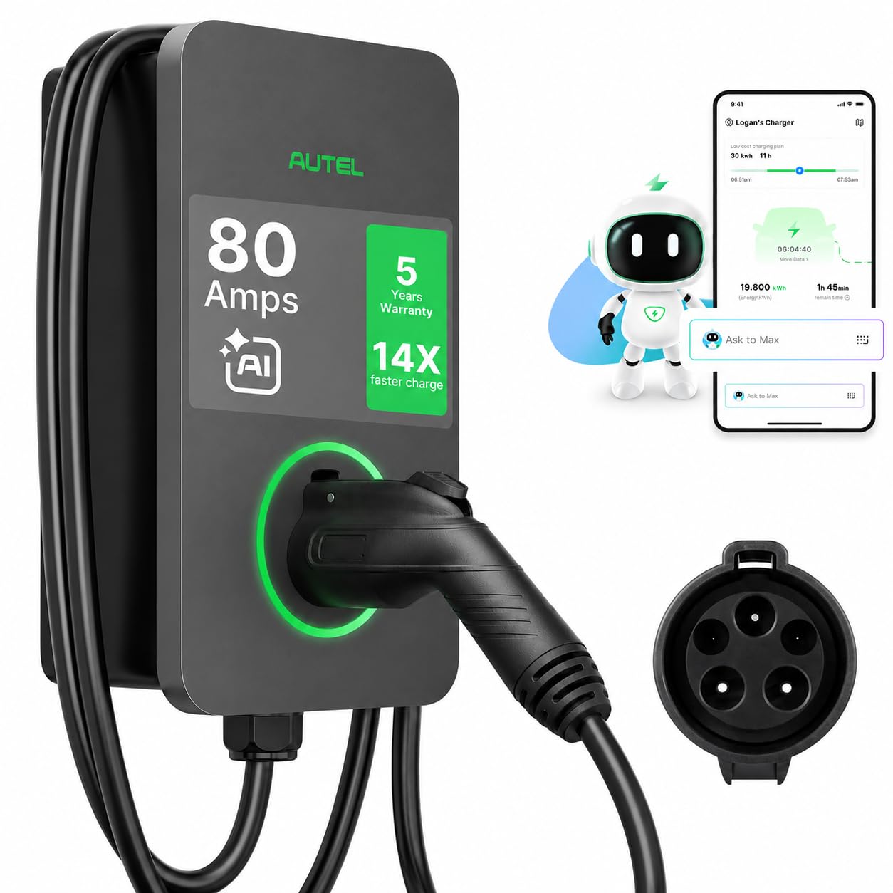 Autel MaxiCharger 	Maxi UW19LB02 Cargador de Vehículo Eléctrico (EV) de Nivel 2, hasta 80 Amperios de Carga Rápida Cargador EV Nivel 2, Nube Integrada con IA, Estaciones de Carga Interior/Exterior J1772, Cableado