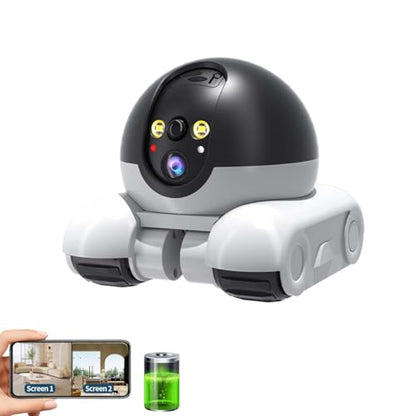 Movable 2MP+2MP Dual Lens Dual Screen Pet Robot 2.4 GHz WiFi Cámara de seguridad para el hogar inteligente P 360°/T 90° Rotación Monitoreo Teléfono App 2 Way Audio Detección de Movimiento Alertas