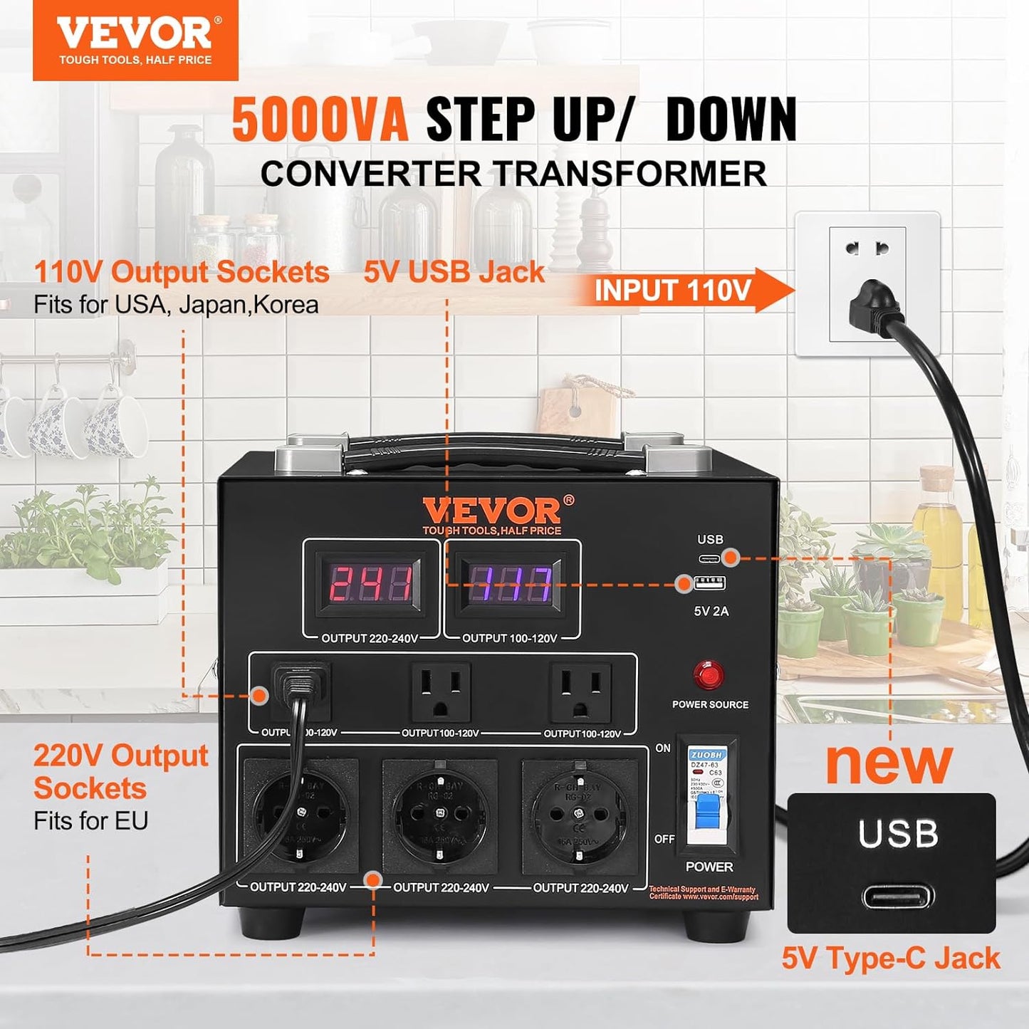 Transformador convertidor de voltaje VEVOR, 5000W, transformador elevado/descendente de alta resistencia, convierte de 110 voltios a 220 voltios y de 220 voltios a 110 voltios