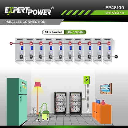 ExpertPower Batería recargable de ciclo profundo LiFePO4 de litio de 48 V 100 Ah y 5 KWh | 7000 ciclos de vida y 10 años de vida útil | BMS integrado y monitor LED | Fuera de la red, EP48100