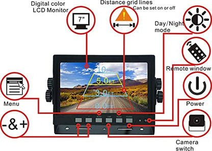 AHD 1080P Sistema de cámara de visión trasera inversa con cable de 7 pulgadas, línea de guía, cámara de visión nocturna IR impermeable IP69K, para