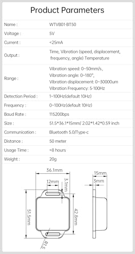 [Sensor de vibración BLE] WTVB01-BT50 Módulo de vibración inteligente Ar-duino, Detector de vibración de 3 ejes (amplitud+frecuencia+desplazamiento+velocidad), monitor de motor de choque