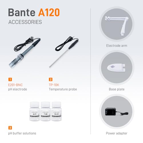 Medidor de pH de laboratorio Bante A120 | Medidor de pH de sobremesa | Precisión de pH ±0.002, calibración de 5 puntos, modo de medición ORP seleccionable, punto final de lectura automática, 1000