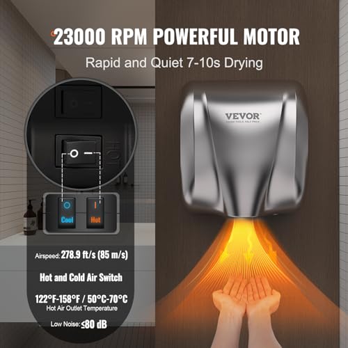 VEVOR Secador de manos comercial resistente, soplador de mano de viento cálido de acero inoxidable de alta velocidad automático de 1300 W, enchufe de 120 V/cableado, dos opciones de alimentación,