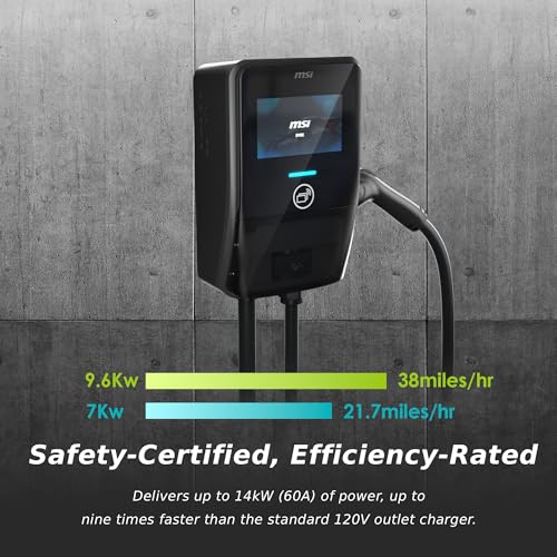 MSI EV Premium Tipo 1 (J1772) cableado, cargador de nivel 2, 240V, 60A, 14.4 kW, clasificación IP55, resistente al agua y al polvo, IK08 resistente a los impactos, certificado UL2594, Energy Star,
