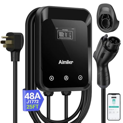 AIMILER ZB18-U011KBH-F001 Cargador de vehículo eléctrico de nivel 2 (EV) (WiFi APP/Plug-Play), 48A, cable de 25 pies certificado ETL, conector J1772 EVSE EV estaciones de carga de coche eléctrico para el hogar nivel 2 (negro 240V Nema 14-50P)