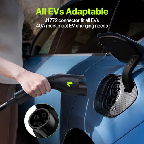 Cargador EV Nivel 2 40A J1772 Conector 9.6KW Cargador de coche eléctrico 240V con enchufe 14-50 Cable de 25 pies 15-40 amperios Estación de carga móvil de corriente ajustable para todos los