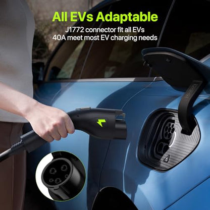 Cargador EV Nivel 2 40A J1772 Conector 9.6KW Cargador de coche eléctrico 240V con enchufe 14-50 Cable de 25 pies 15-40 amperios Estación de carga móvil de corriente ajustable para todos los