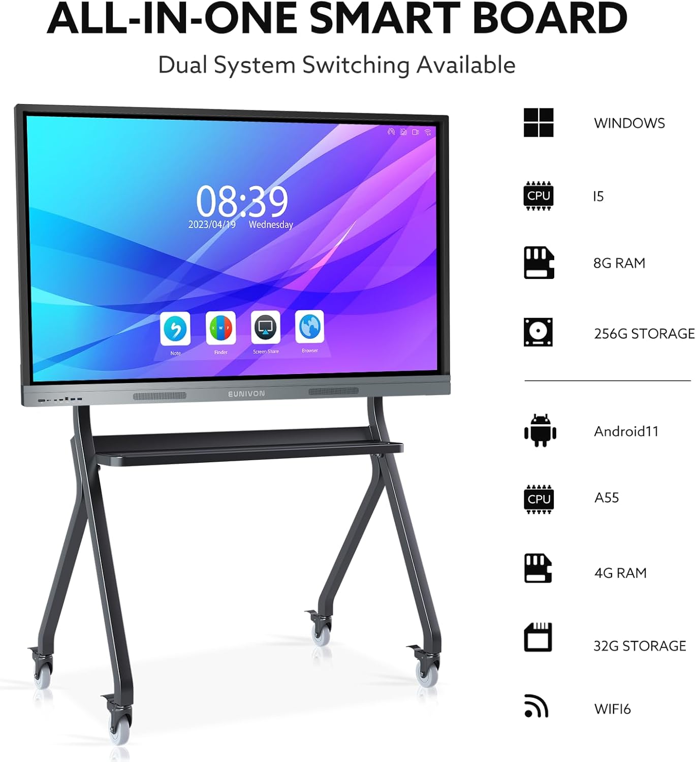 Pizarra inteligente 4K UHD de 55 pulgadas, pizarra blanca electrónica con pantalla táctil, pizarra blanca interactiva para aula y negocios (soporte de pared incluido)