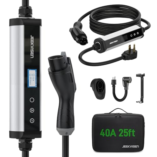 Cargador EV de nivel 1/2, 9.6kW 40A 240V, cable de 25 pies, certificado ETL, enchufe NEMA 14-50 y 5-15, ajustable 16A-40A, estación de carga portátil para vehículos eléctricos J1772 - JEEKVISEN #YGBJ1772