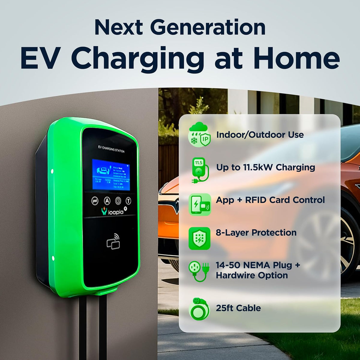 Cargador EV de Nivel 2 48A 11.5kW (40A 9.6 kW Enchufable) - Enchufe NEMA 14-50 Certificado UL con Cable Rígido SAE J1772 de 25' - Estación de Carga de Vehículos Eléctricos 240V con APP #ICACH50-S
