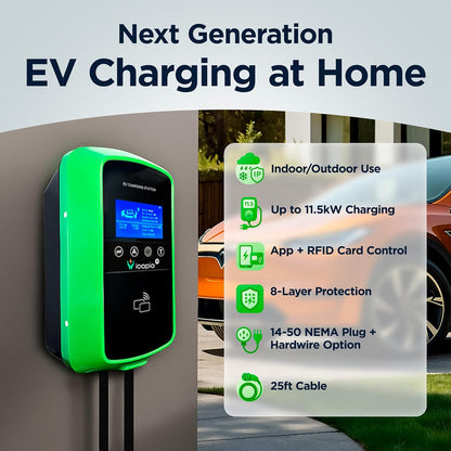 Cargador EV de Nivel 2 48A 11.5kW (40A 9.6 kW Enchufable) - Enchufe NEMA 14-50 Certificado UL con Cable Rígido SAE J1772 de 25' - Estación de Carga de Vehículos Eléctricos 240V con APP #ICACH50-S