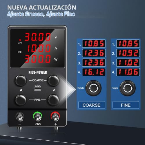 NICE-POWER SPS3010 Fuente de alimentación CC variable: 30V 10A Fuente de alimentación de conmutación ajustable regulada de alta precisión con pantalla LED de 4 dígitos, salida de cable de prueba de puerto USB