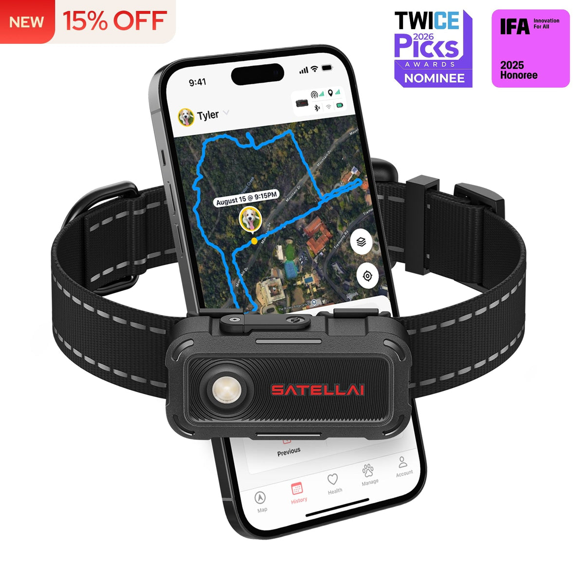 SATELLAI Collar Go Smart Collar GPS para perros con seguimiento en vivo y monitoreo de salud