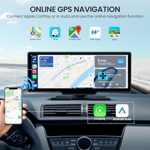 Pantalla Carplay inalámbrica de 10.26 pulgadas para automóvil, estéreo portátil para automóvil con Carplay y Android Auto, receptores de audio para automóvil con navegación GPS TECXERLLON