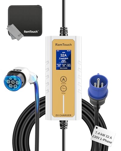 RamTouch Mobile Wallbox (7,4 kW, Tipo 2, Conector CEE 32 A, 6,5 m), Cargador EV con función de Carga Ajustable y planificada de 8 a 32 A, Cable de Carga Tipo 2, Compatible con vehículos eléctricos e