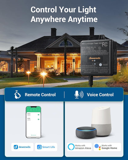 DEWENWILS Transformador de bajo voltaje WiFi de 60 W, 120 V CA a 12 V CC, transformador inteligente de paisaje de bajo voltaje para exteriores con temporizador, funciona con Alexa y Google Home,