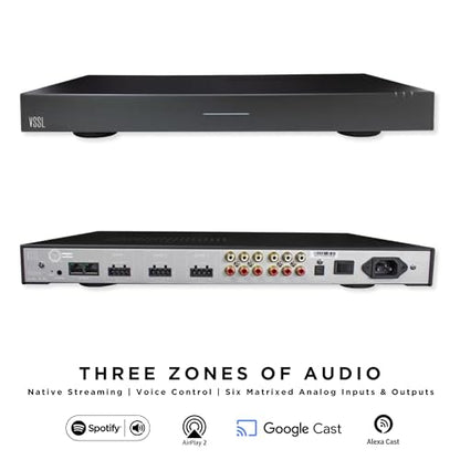 VSSL Amplificador de transmisión de audio A.3X de 6 canales, 3 zonas, compatible con AirPlay 2, Chromecast, Amazon Alexa, Spotify Connect, Bluetooth, amplificador de audio para todo el hogar de 6 canales, controlador de audio multihabitación # A.3x-UVG