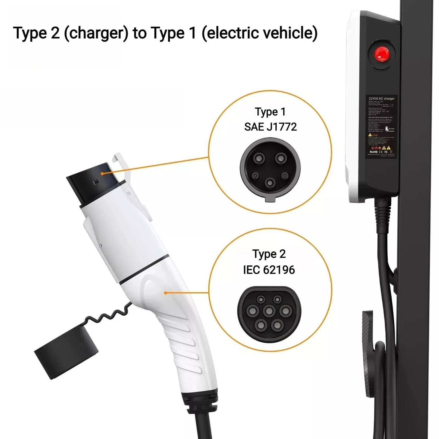 Conector de cable de carga EV tipo 2 a tipo 1, adaptador IEC62196 a J1772, 32 A, 7 kW