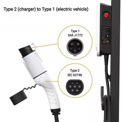 Conector de cable de carga EV tipo 2 a tipo 1, adaptador IEC62196 a J1772, 32 A, 7 kW