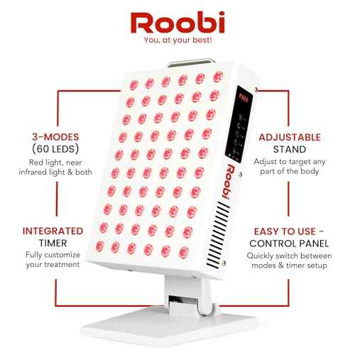 Roobi Terapia de luz roja 660nm 850nm infrarrojo cercano, doble chip parpadeo libre LEDs, soporte ajustable, 60 LED, grado clínico para energía, dolor, piel, recuperación, rendimiento.