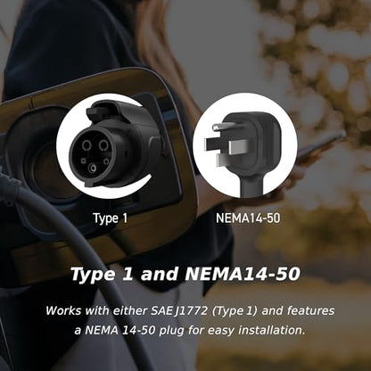 MSI EV Premium Tipo 1 (J1772) NEMA 14-50, cargador de nivel 2, 240V, 40A, 9.6KW, clasificación IP55, resistente al agua y al polvo, IK08 resistente a los impactos, certificado UL2594, Energy Star