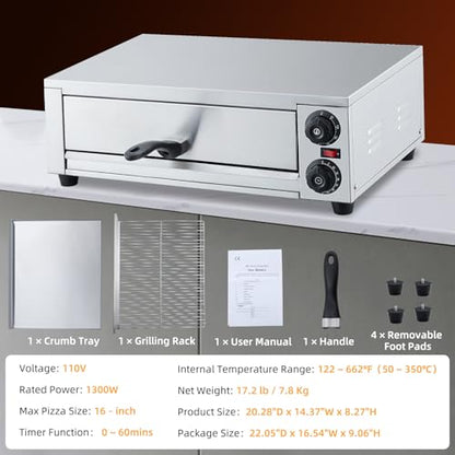 GarveeHome - Horno eléctrico de pizza para interior, encimera de 16 pulgadas, horno comercial de pizza con parrilla para parrilla, bandeja para migas, mango y almohadillas para orejas para pies,