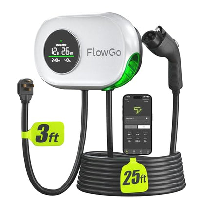 Cargador eléctrico de nivel 2 de 40 A, cargador eléctrico inteligente para el hogar, pantalla activada por movimiento, 240 V con enchufe NEMA 14-50, conector J1772, cable de 25 pies, aplicación