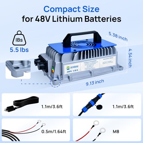 DC HOUSE Cargador de batería de litio de 48 V 18 A, cargador rápido de 900 W, eficiencia de carga ≥ 93%, IP65 resistente al agua anticaídas con ventilador de enfriamiento, adecuado para carrito de