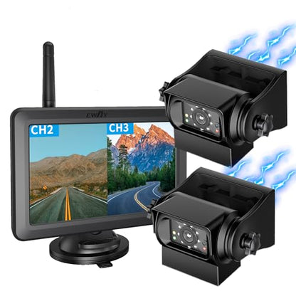 EWAY 2 cámaras magnéticas inalámbricas de respaldo HD1080P con monitor de pantalla dividida de 5 pulgadas, portátil, sin cableado, enganche de remolque, visión nocturna, cámara de visión trasera para