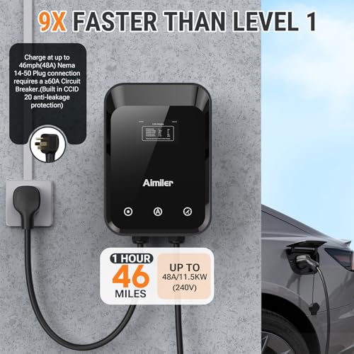 AIMILER ZB18-U011KBH-F001 Cargador de vehículo eléctrico de nivel 2 (EV) (WiFi APP/Plug-Play), 48A, cable de 25 pies certificado ETL, conector J1772 EVSE EV estaciones de carga de coche eléctrico para el hogar nivel 2 (negro 240V Nema 14-50P)