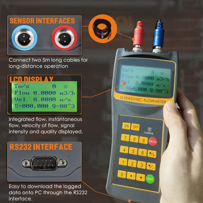 Bonvoisin Medidor de flujo ultrasónico de mano portátil con abrazadera, medidor de flujo con salida de datos, sensores S1+M2 para agua de mar, alcohol, aguas residuales industriales DN15-700mm (1/2-28