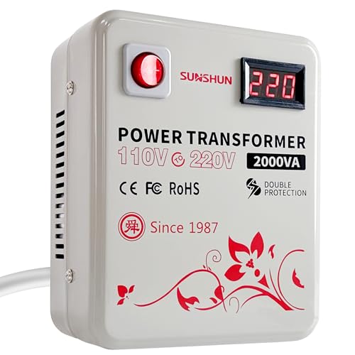 SUNSHUN Convertidor de 110 V a 220 V, transformador elevador de 2000 W de 110 V a 220 V con pantalla de voltaje para electrodomésticos asiáticos europeos de 220/240 voltios utilizados en EE. UU