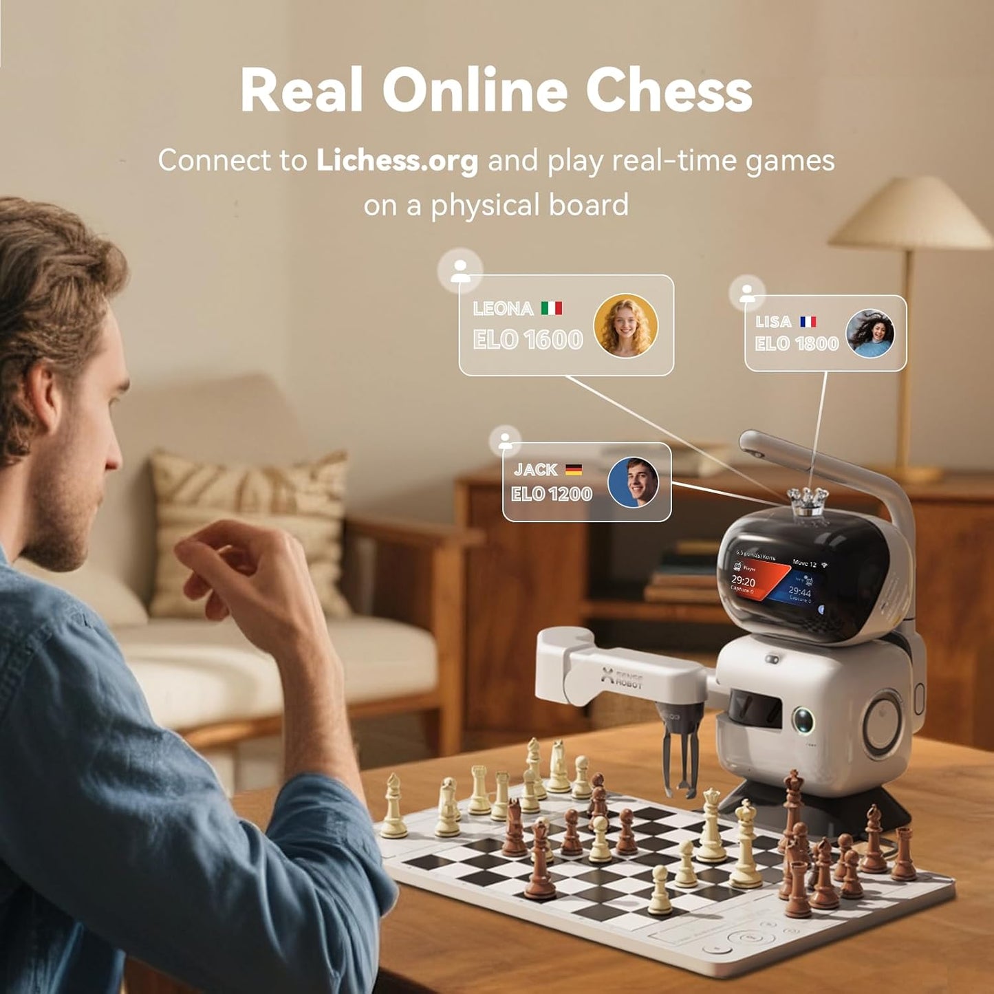 Robot de ajedrez AI RC3G-N con brazo robótico tablero de ajedrez electrónico para computadora, 25 niveles de IA, más de 1200 ejercicios, entrenador de final, reproducción de juegos clásicos