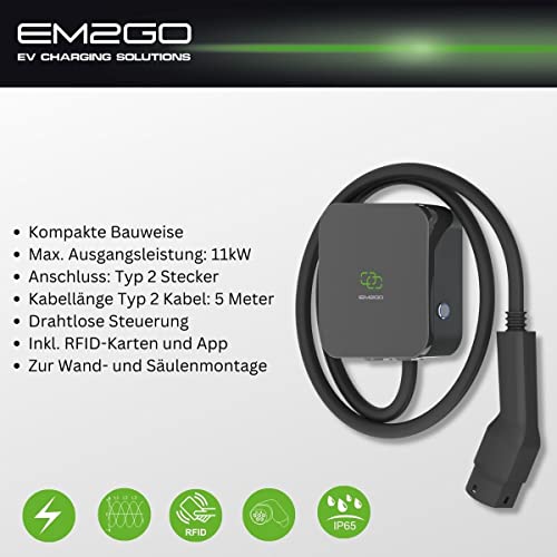 EM2GO Wallbox Estación de carga para coche eléctrico de 11 kW con cable de carga tipo 2 de 5 m de largo, cargador EV trifásico que incluye soporte de pared y aplicación Smart Home, caja de pared compacta para vehículos eléctricos - EM022AC1ONC